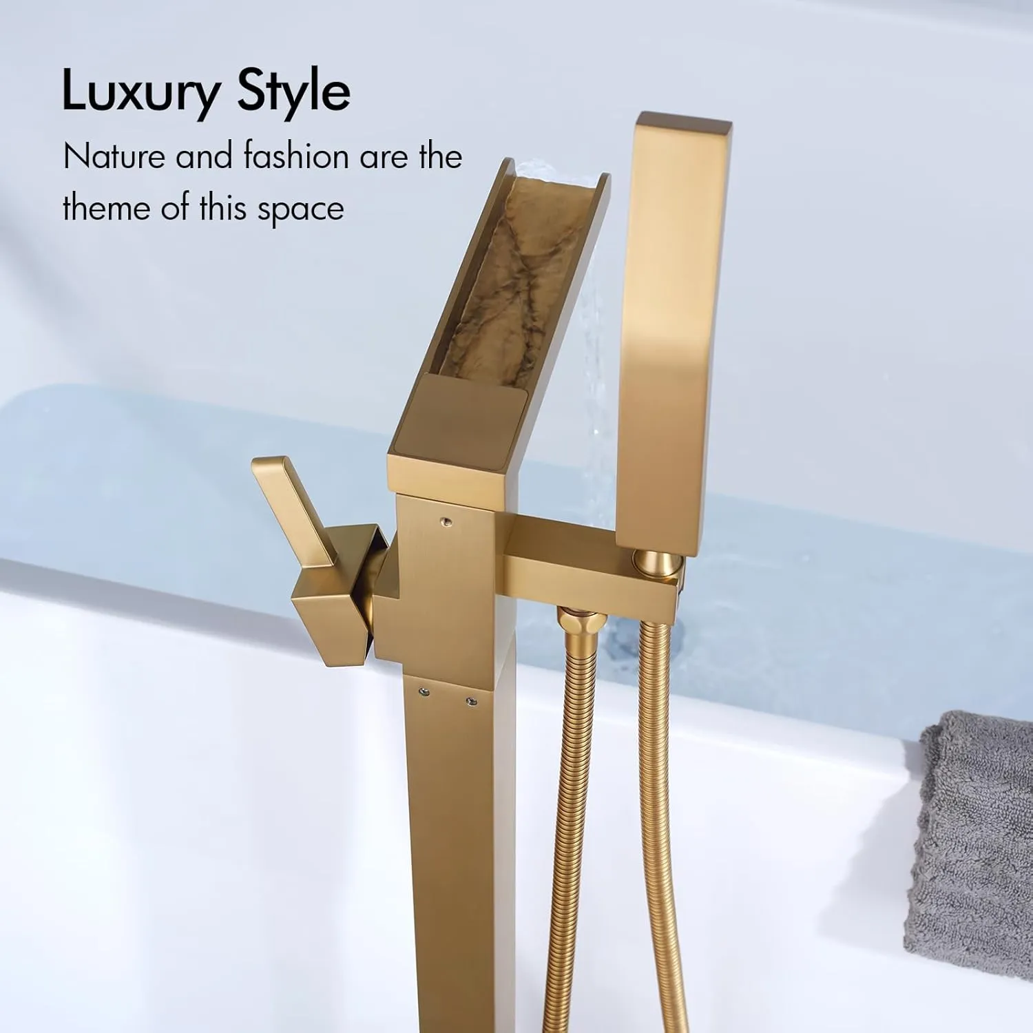 BAGNOLUX Bathtub Faucet Tub Filler Floor Mount Bathroom Faucets Brass Single Handle with Hand Shower (Waterfall Style B, Brushed Brass)