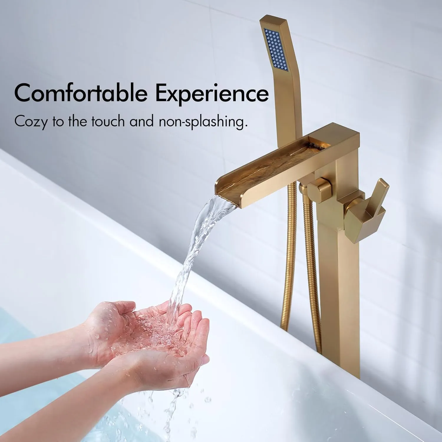 BAGNOLUX Bathtub Faucet Tub Filler Floor Mount Bathroom Faucets Brass Single Handle with Hand Shower (Waterfall Style B, Brushed Brass)