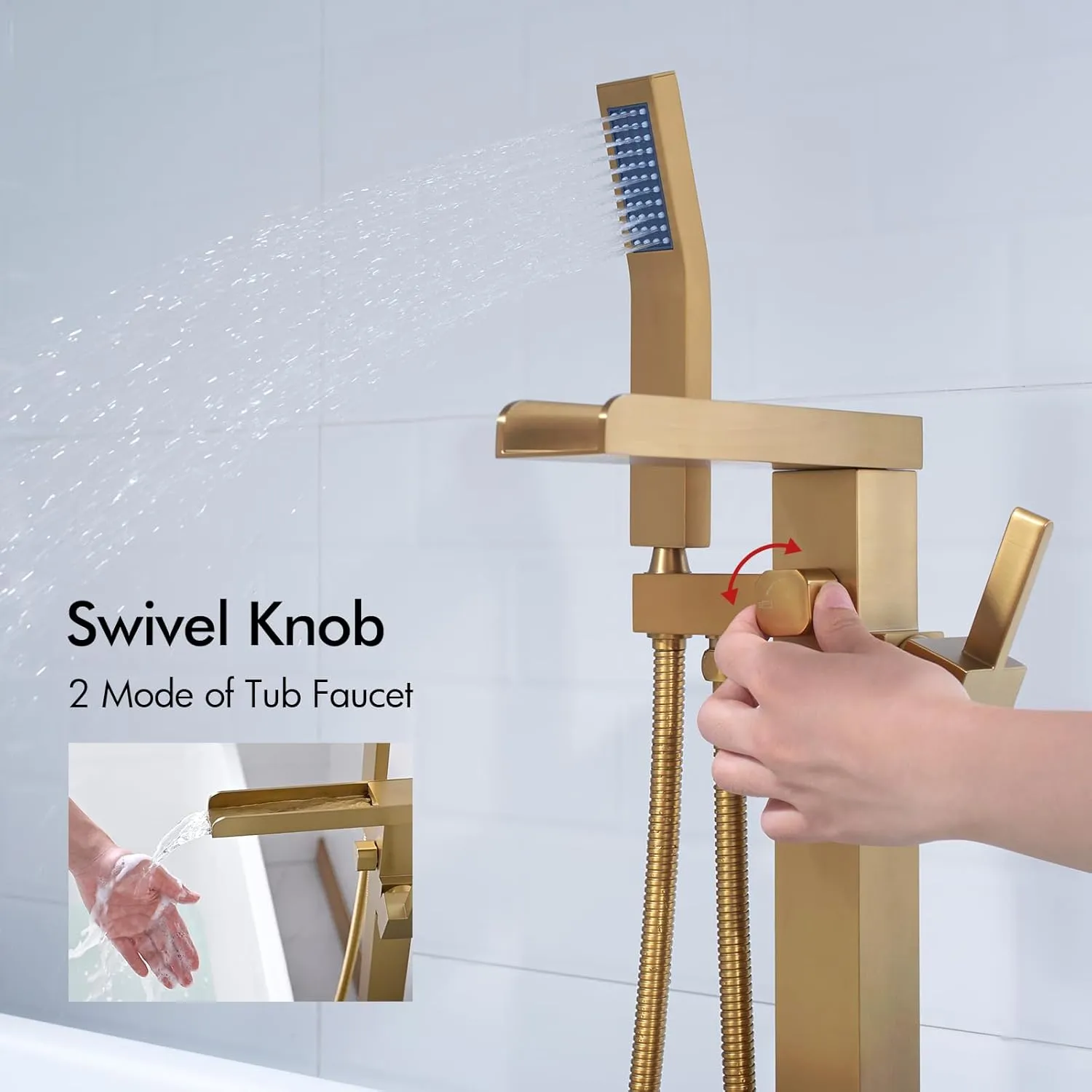 BAGNOLUX Bathtub Faucet Tub Filler Floor Mount Bathroom Faucets Brass Single Handle with Hand Shower (Waterfall Style B, Brushed Brass)