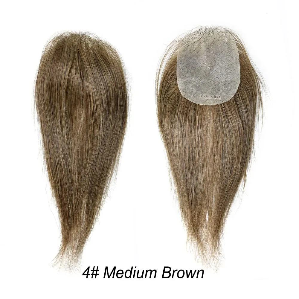 Bald Spot Hair Patch V-Looped Remy Human Hair Patch For Bald Spot Natural lookimg Hair Replacement Unit Thin Skin Hair Piece for Bald Spot Hair Systems (6cm x 8cm-14“, #4 MEDIUM BROWN)