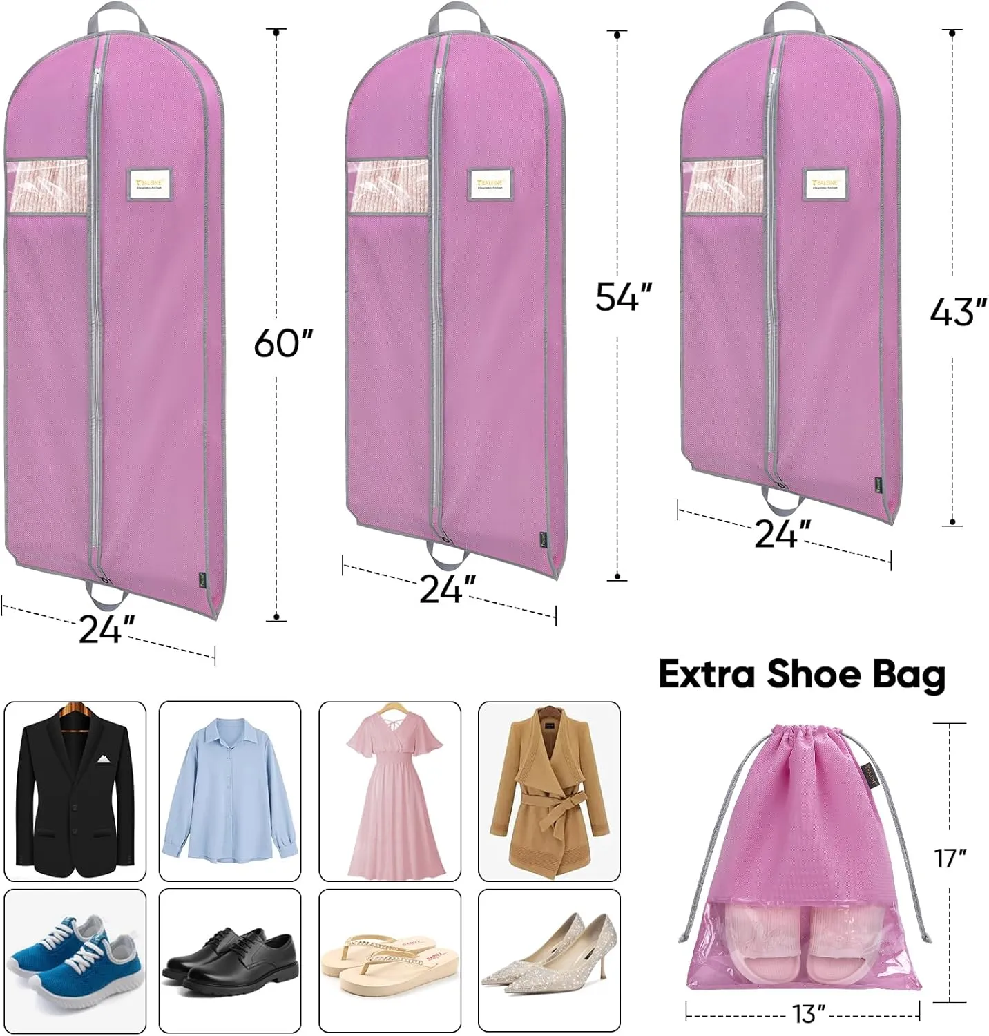 BALEINE 1PK Heavy Duty Garment Bag with Shoe Storage Travel Bag for Dresses, Suit, Coats Travel Essential (54", Pink)