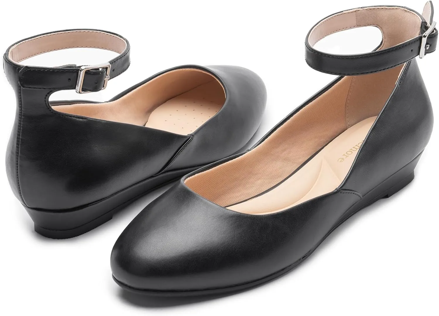 Ballet Flat Shoes for Women with Ankle Strap Low Wedge Heel, Cute Flats for Women, Comfortable Casual Dress Shoes