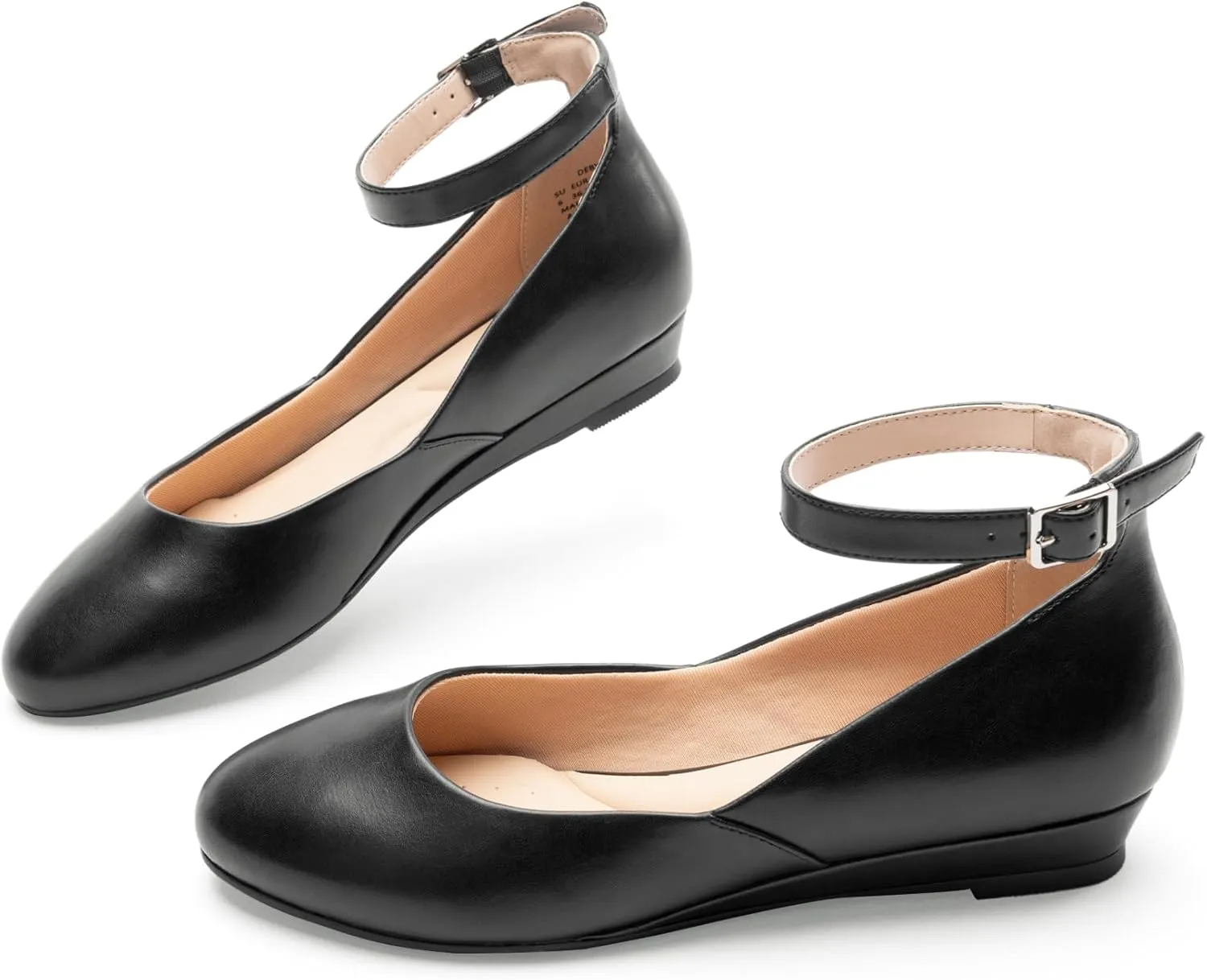 Ballet Flat Shoes for Women with Ankle Strap Low Wedge Heel, Cute Flats for Women, Comfortable Casual Dress Shoes