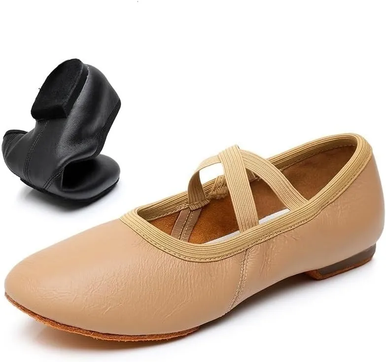 Ballet Shoes Genuine Leather Jazz Shoes Jazz Dance Shoes Tan Black Antiskid Sole Adults Dance Sneakers for Girls Women Shoe Dance(Black Cowhide Sole,40)