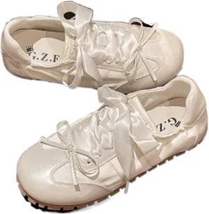 Ballet Sneakers for Women Round Toe Sneakerina Shoes Flats with Bows Satin Cute Y2K Retro Kawaii Elegant Dressy Fashion Trendy Tennis Trainers Gifts for Daughter Back to School Spring Summer Outdoors