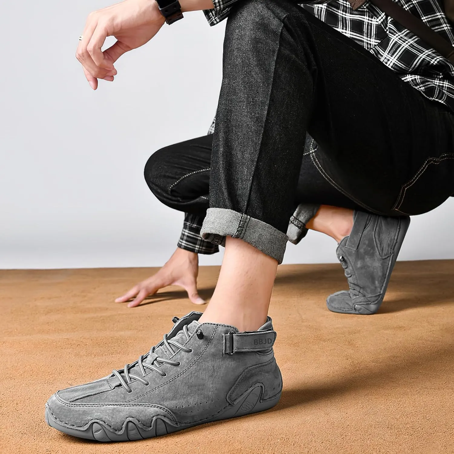 baobeijiadao Men's Beck Shoes Waterproof Non Slip High Top Chukka Boots Handmade Suede Caual Outdoor Sneakers