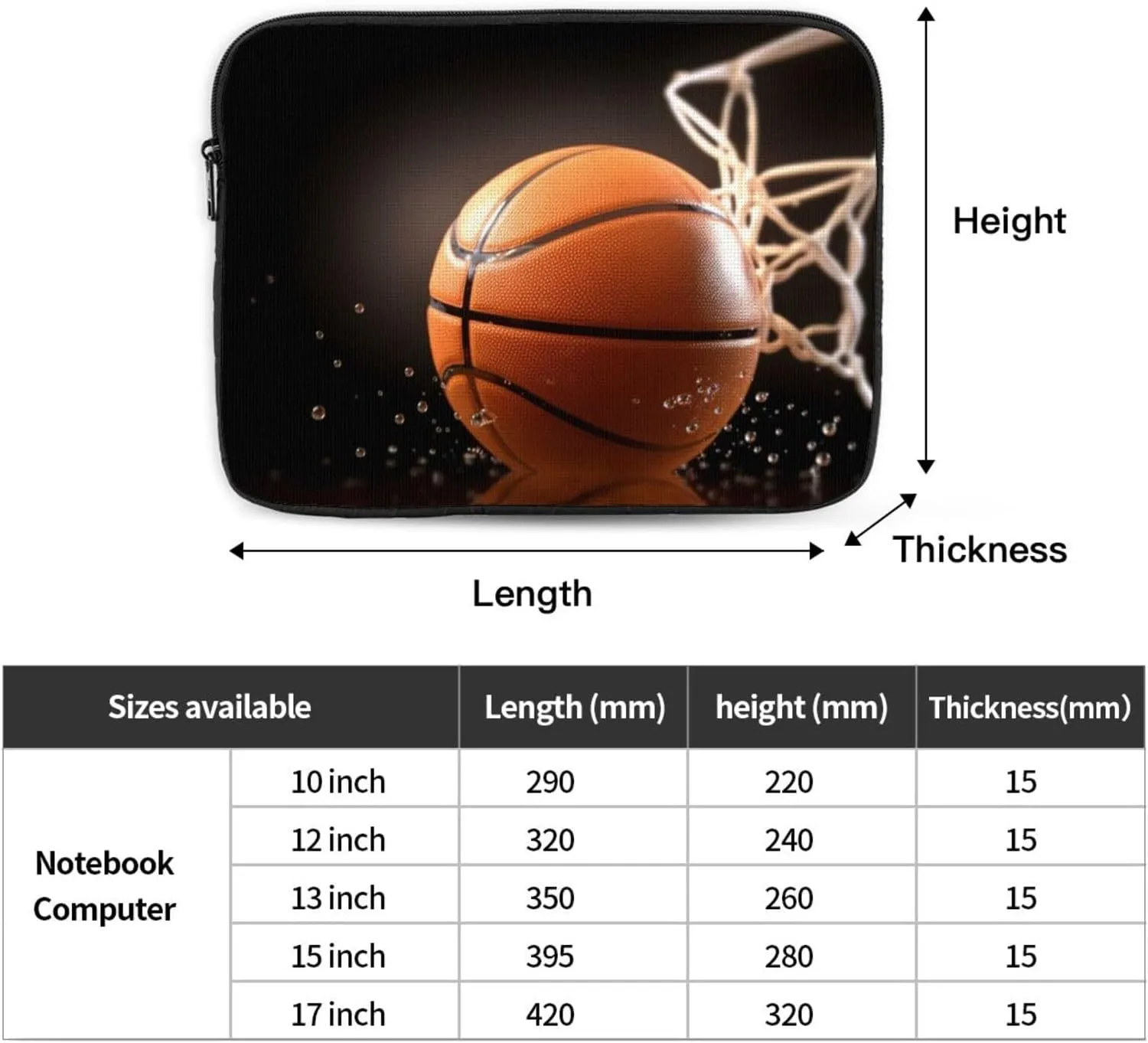 Basketball Laptop Case 15 inch, Shockproof Protective Computer Sleeve Cover Water Resistant Laptop Bag Carrying Tablet Cover Briefcase Handbags Gifts for Men Women