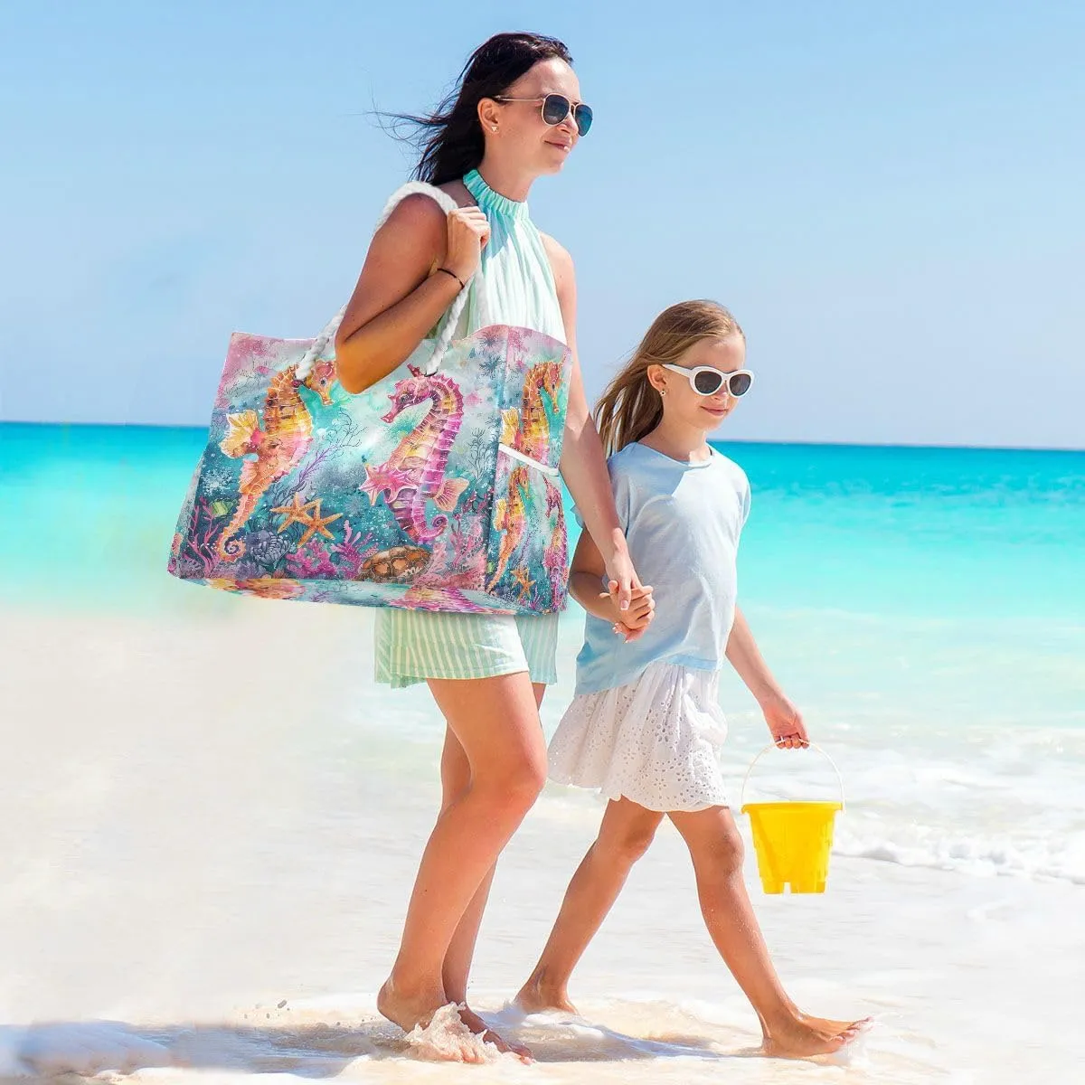 Beach Tote Bags for Women, Turtle Flower Starfish Large Beach Shoulder Bag Pool Bags Purse