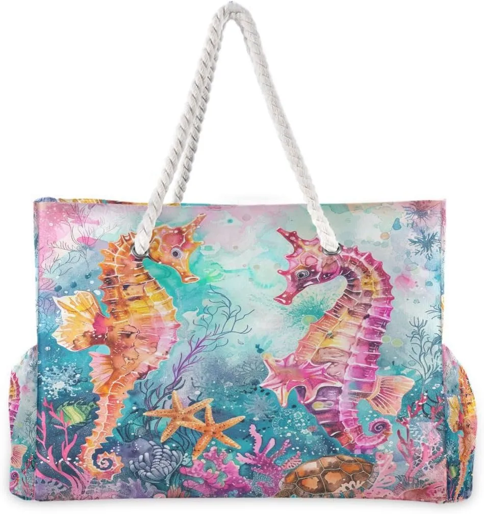 Beach Tote Bags for Women, Turtle Flower Starfish Large Beach Shoulder Bag Pool Bags Purse