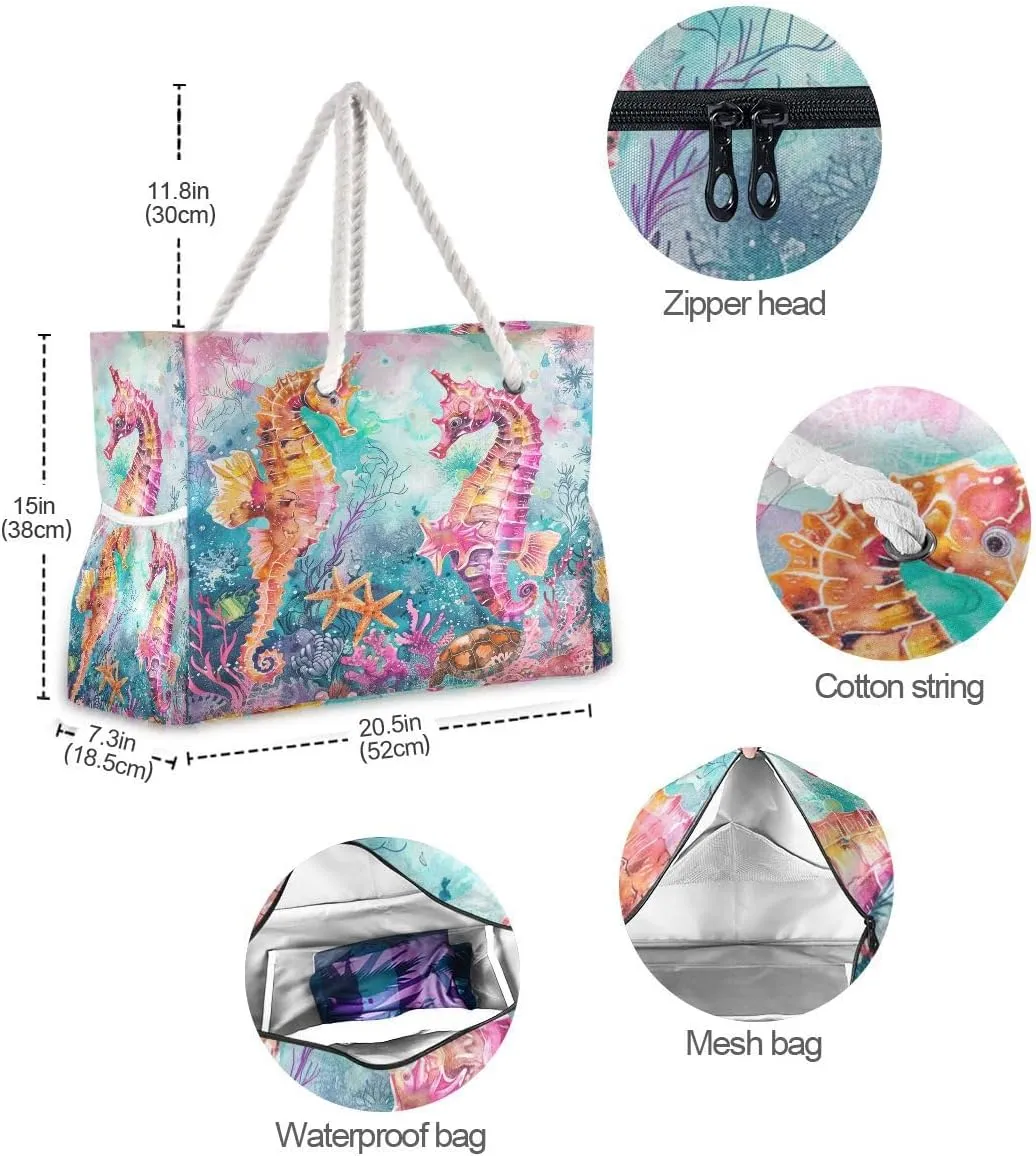 Beach Tote Bags for Women, Turtle Flower Starfish Large Beach Shoulder Bag Pool Bags Purse