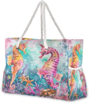 Beach Tote Bags for Women, Turtle Flower Starfish Large Beach Shoulder Bag Pool Bags Purse