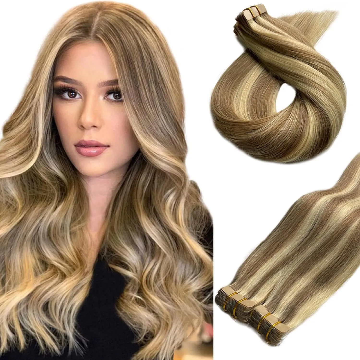 Belaved Tape Hair Extensions Tape in Remy Hair Highlighted Color Brown 8P60 Blonde Real Human Hair 20 Pieces for Invisible Tape Extensions 50g 20pcs 14inch