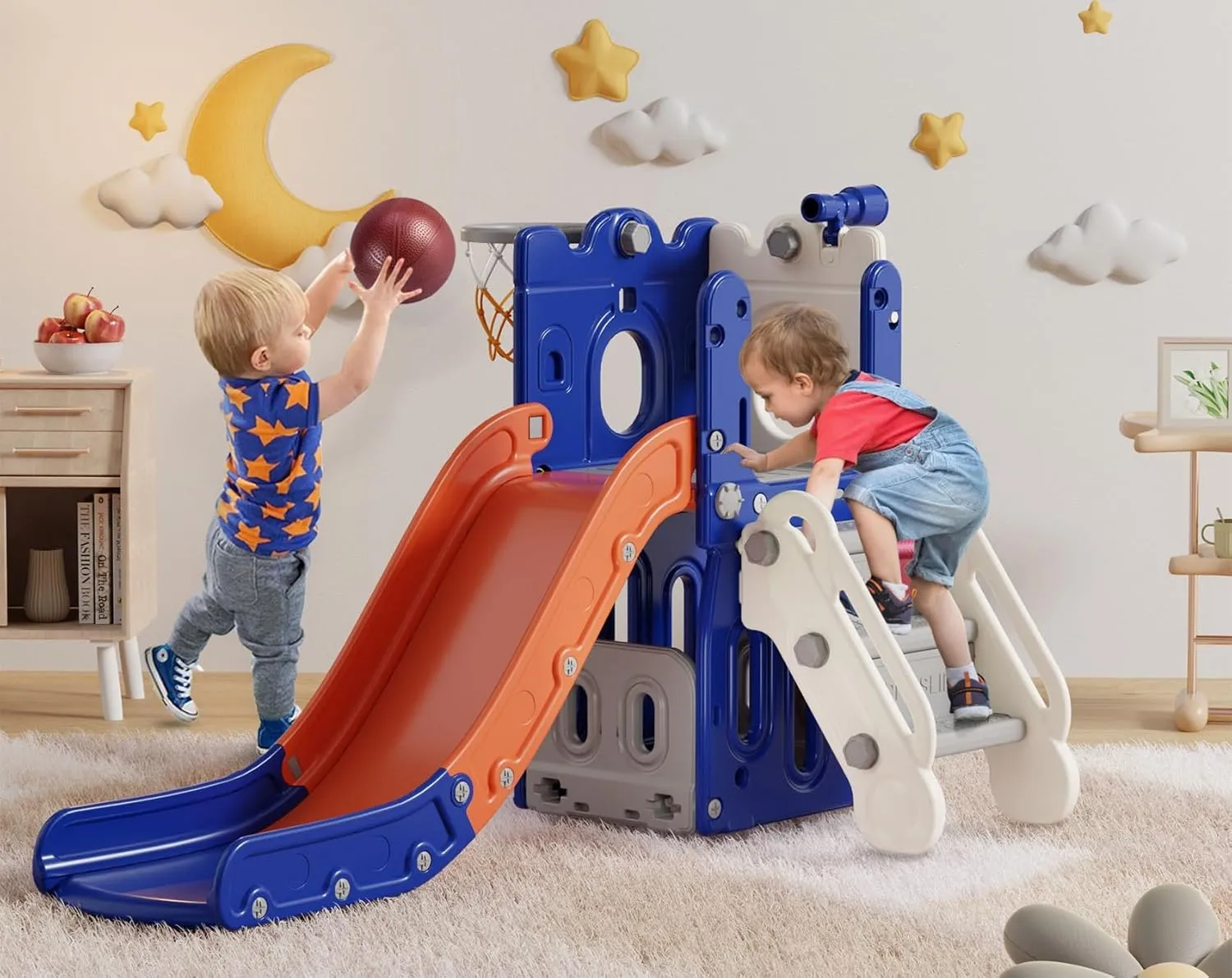 BIERUM 7 in 1 Toddler Slide, L-Shaped Kids Slide for Toddlers Age 1  with Basketball Hoop and Ball, Ring Toss, Storage Space, Outdoor Indoor Slide Playset Toddler Playground Easy Assembly Blue Orange