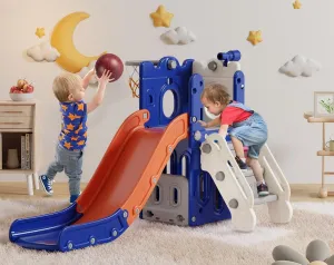 BIERUM 7 in 1 Toddler Slide, L-Shaped Kids Slide for Toddlers Age 1  with Basketball Hoop and Ball, Ring Toss, Storage Space, Outdoor Indoor Slide Playset Toddler Playground Easy Assembly Blue Orange