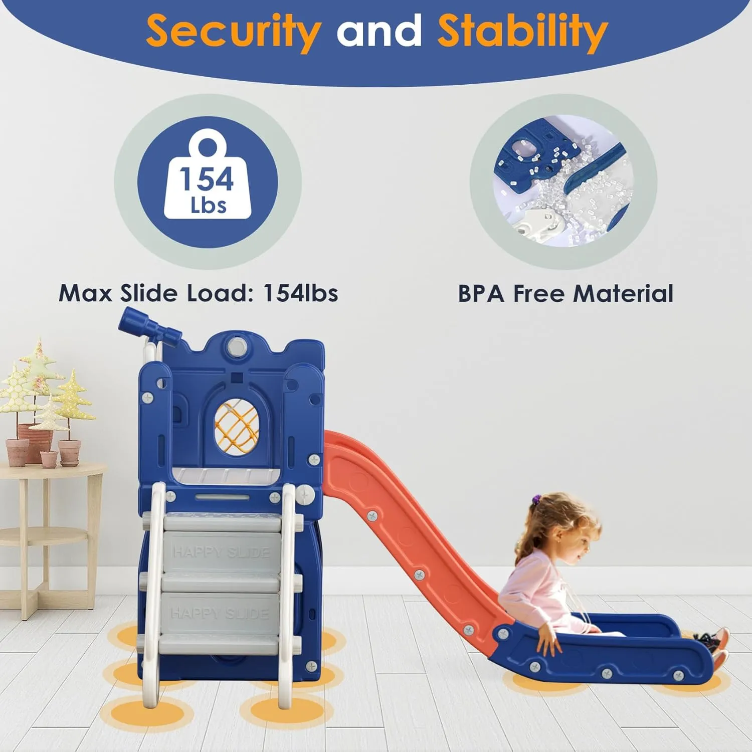 BIERUM 7 in 1 Toddler Slide, L-Shaped Kids Slide for Toddlers Age 1  with Basketball Hoop and Ball, Ring Toss, Storage Space, Outdoor Indoor Slide Playset Toddler Playground Easy Assembly Blue Orange