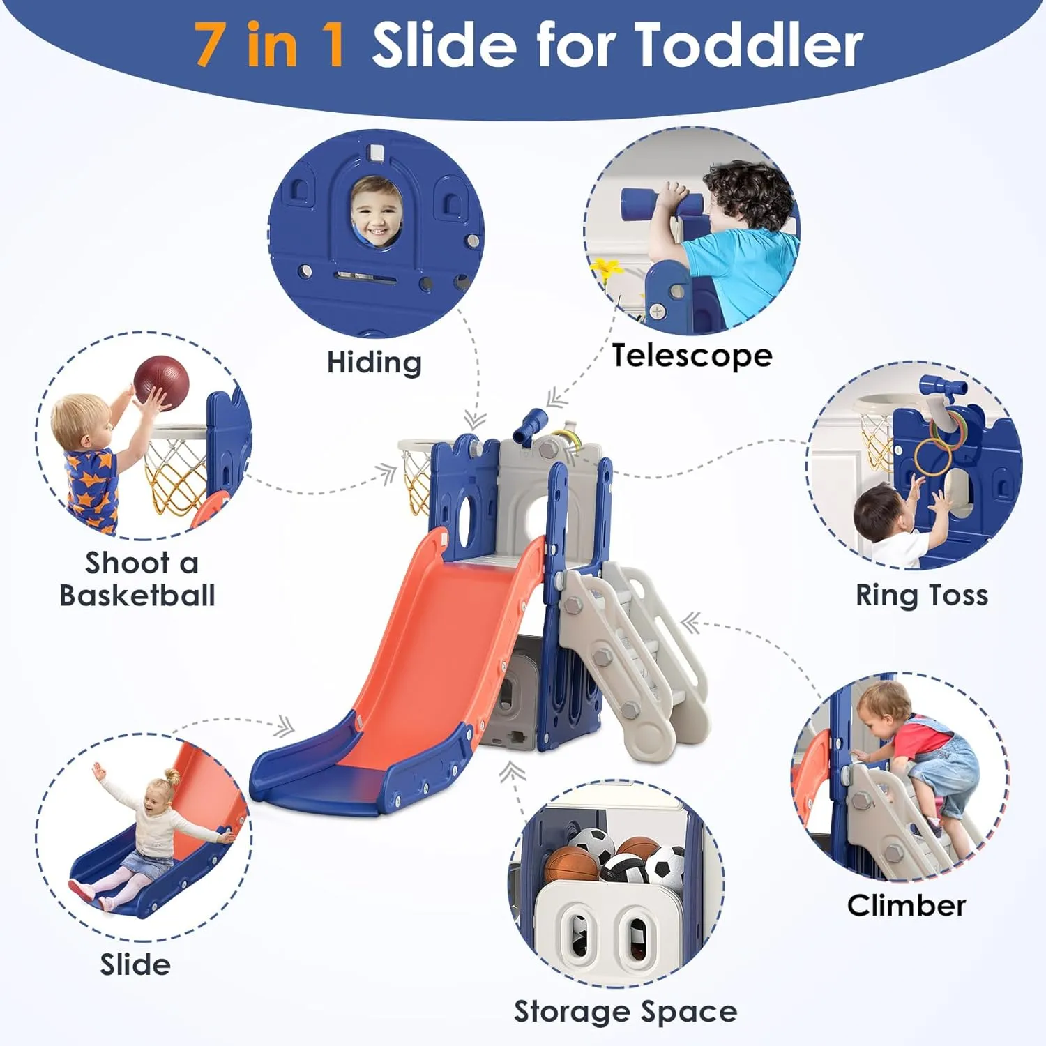 BIERUM 7 in 1 Toddler Slide, L-Shaped Kids Slide for Toddlers Age 1  with Basketball Hoop and Ball, Ring Toss, Storage Space, Outdoor Indoor Slide Playset Toddler Playground Easy Assembly Blue Orange