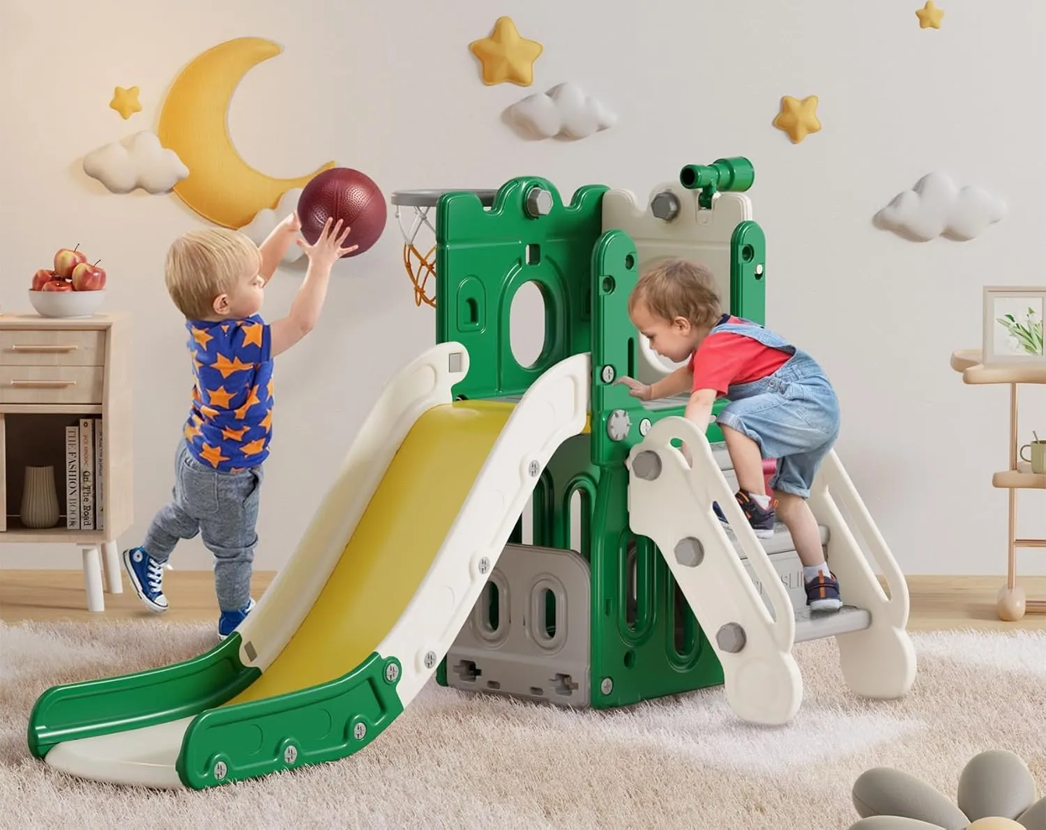 BIERUM 7 in 1 Toddler Slide, L-Shaped Kids Slide for Toddlers Age 1  with Basketball Hoop and Ball, Ring Toss, Storage Space, Outdoor Indoor Slide Playset Toddler Playground Easy Assembly Green Yellow