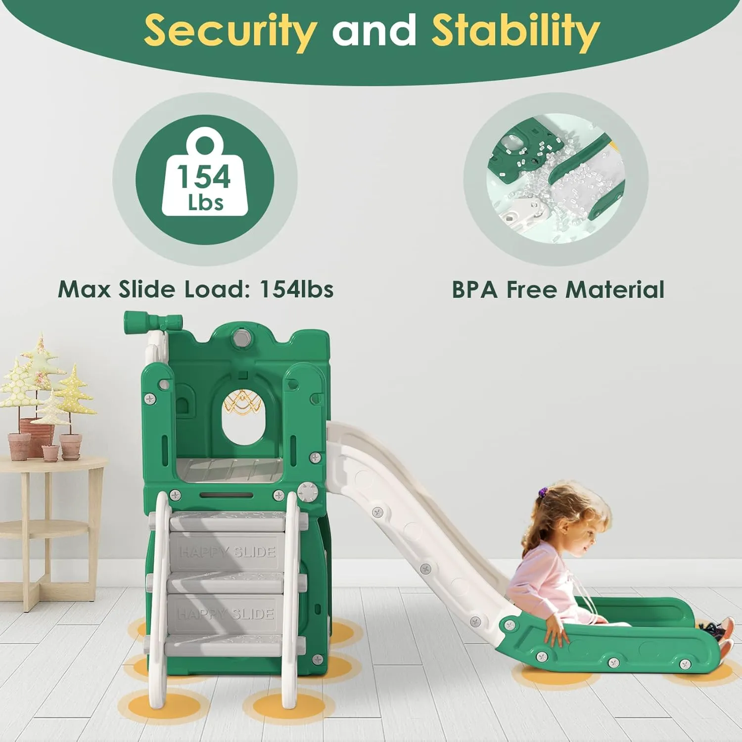 BIERUM 7 in 1 Toddler Slide, L-Shaped Kids Slide for Toddlers Age 1  with Basketball Hoop and Ball, Ring Toss, Storage Space, Outdoor Indoor Slide Playset Toddler Playground Easy Assembly Green Yellow