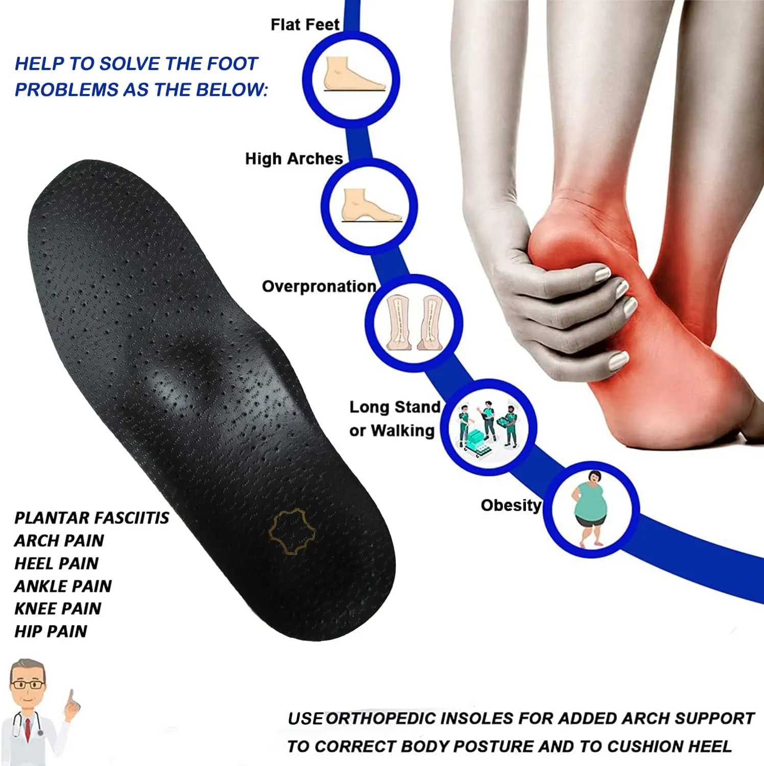 Black Leather Insoles for Women Orthopedic Insoles for Flat Feet and Plantar Fasciitis Thin Arch Support Shoe Pad for Metatarsal and Heel Spurs, Womens 7.5-8 M US