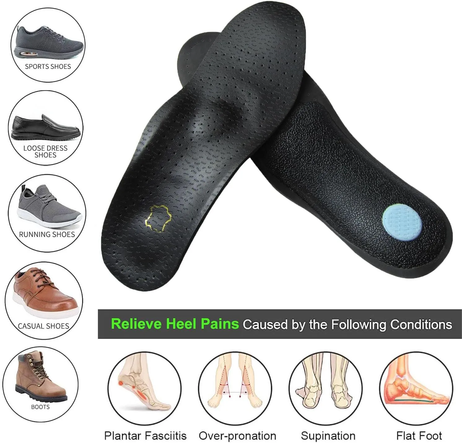 Black Leather Insoles for Women Orthopedic Insoles for Flat Feet and Plantar Fasciitis Thin Arch Support Shoe Pad for Metatarsal and Heel Spurs, Womens 7.5-8 M US