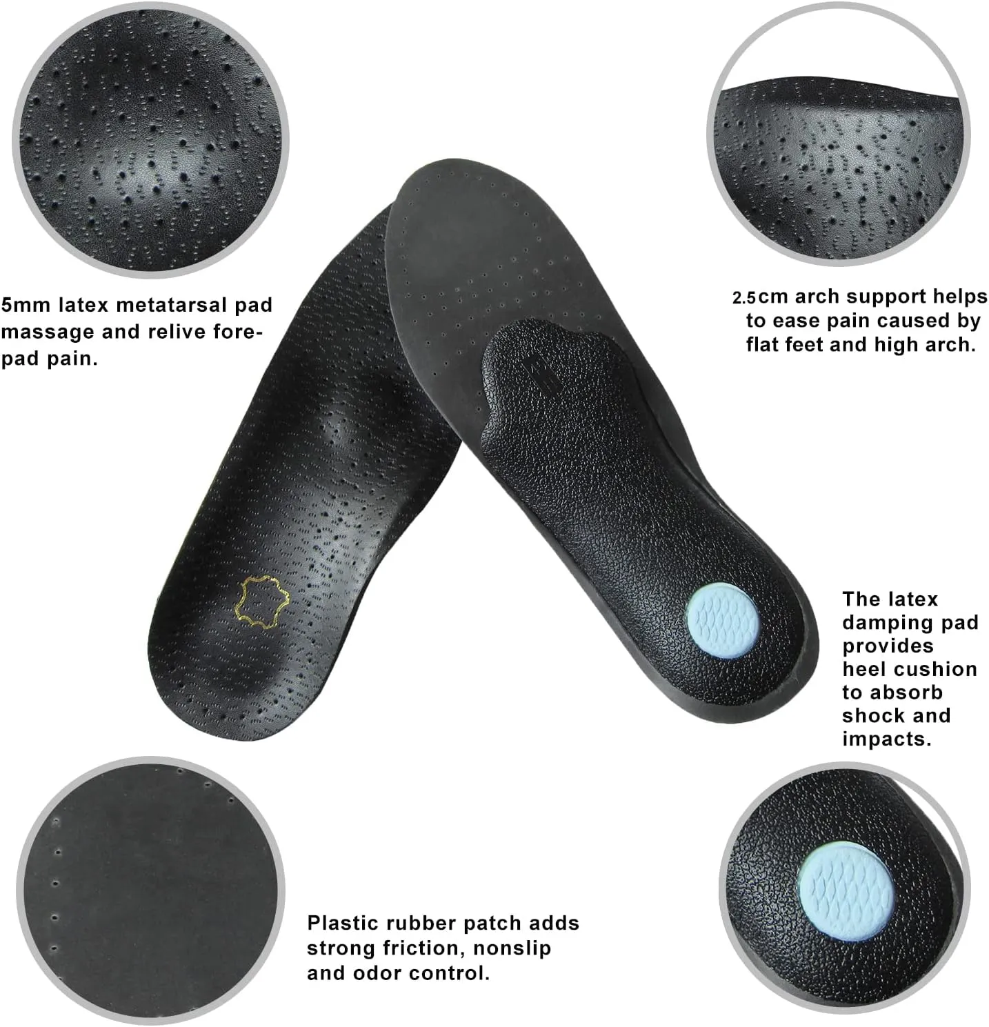 Black Leather Insoles for Women Orthopedic Insoles for Flat Feet and Plantar Fasciitis Thin Arch Support Shoe Pad for Metatarsal and Heel Spurs, Womens 7.5-8 M US