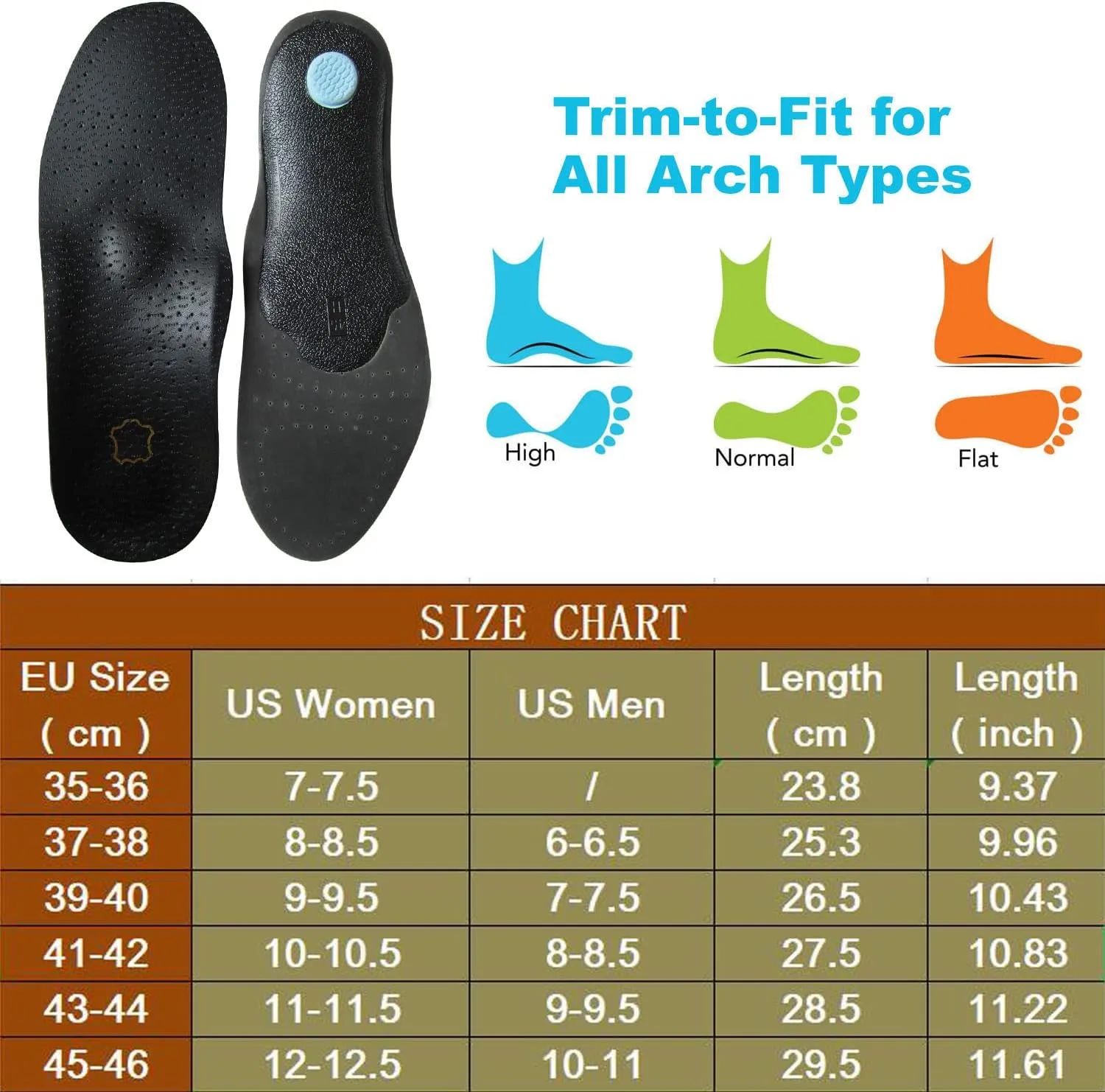 Black Leather Insoles for Women Orthopedic Insoles for Flat Feet and Plantar Fasciitis Thin Arch Support Shoe Pad for Metatarsal and Heel Spurs, Womens 7.5-8 M US