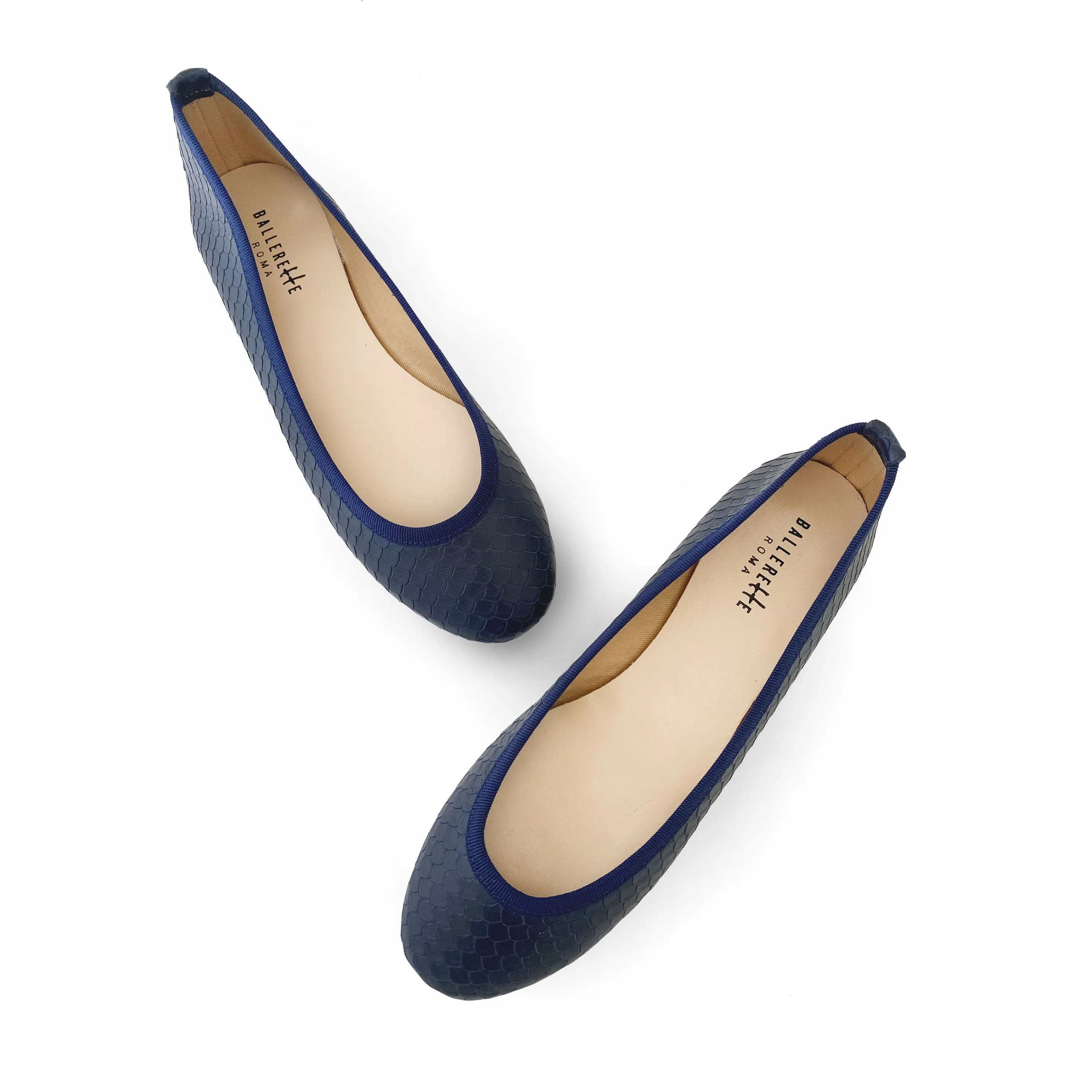 Blue leather ballet flats, snakeskin effect