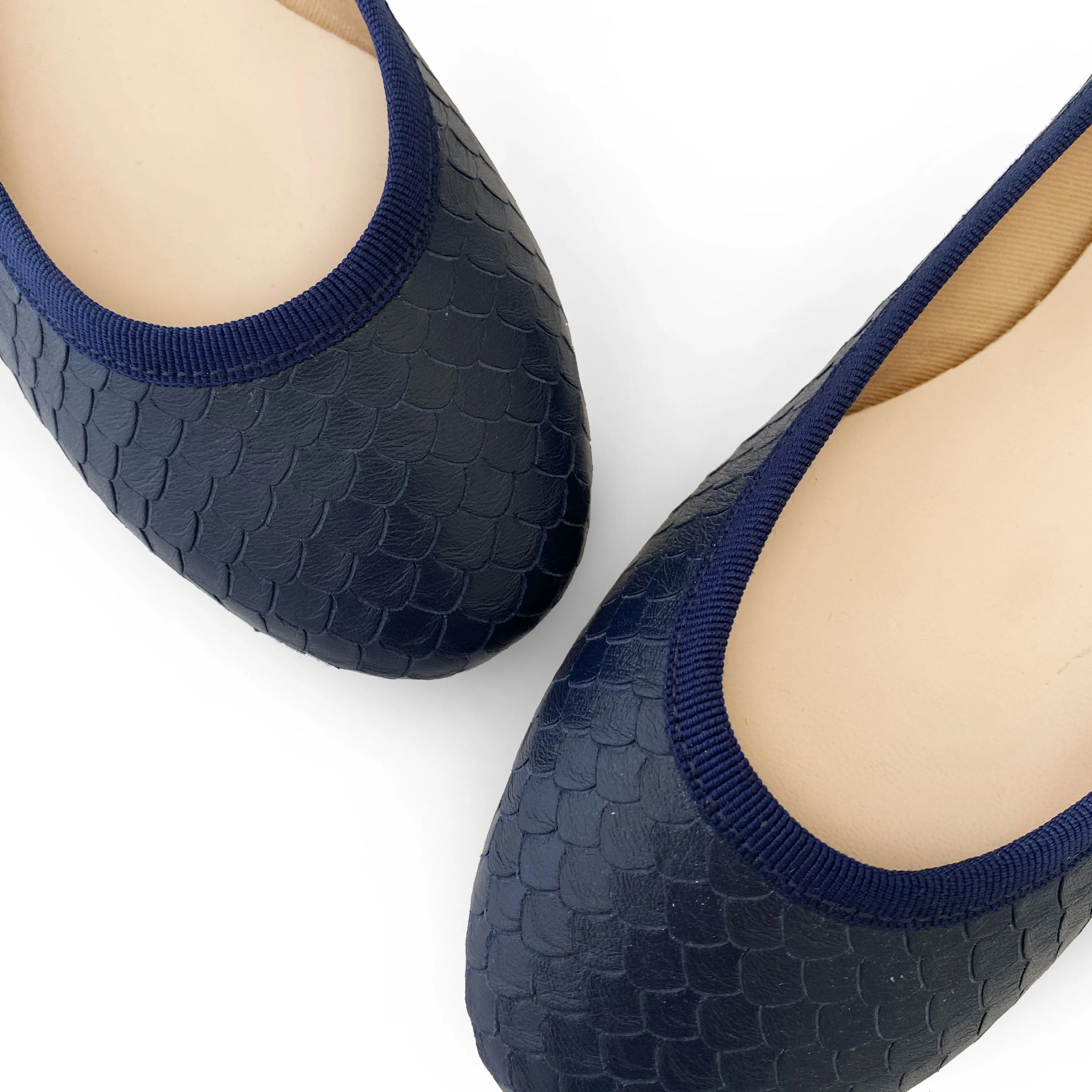 Blue leather ballet flats, snakeskin effect