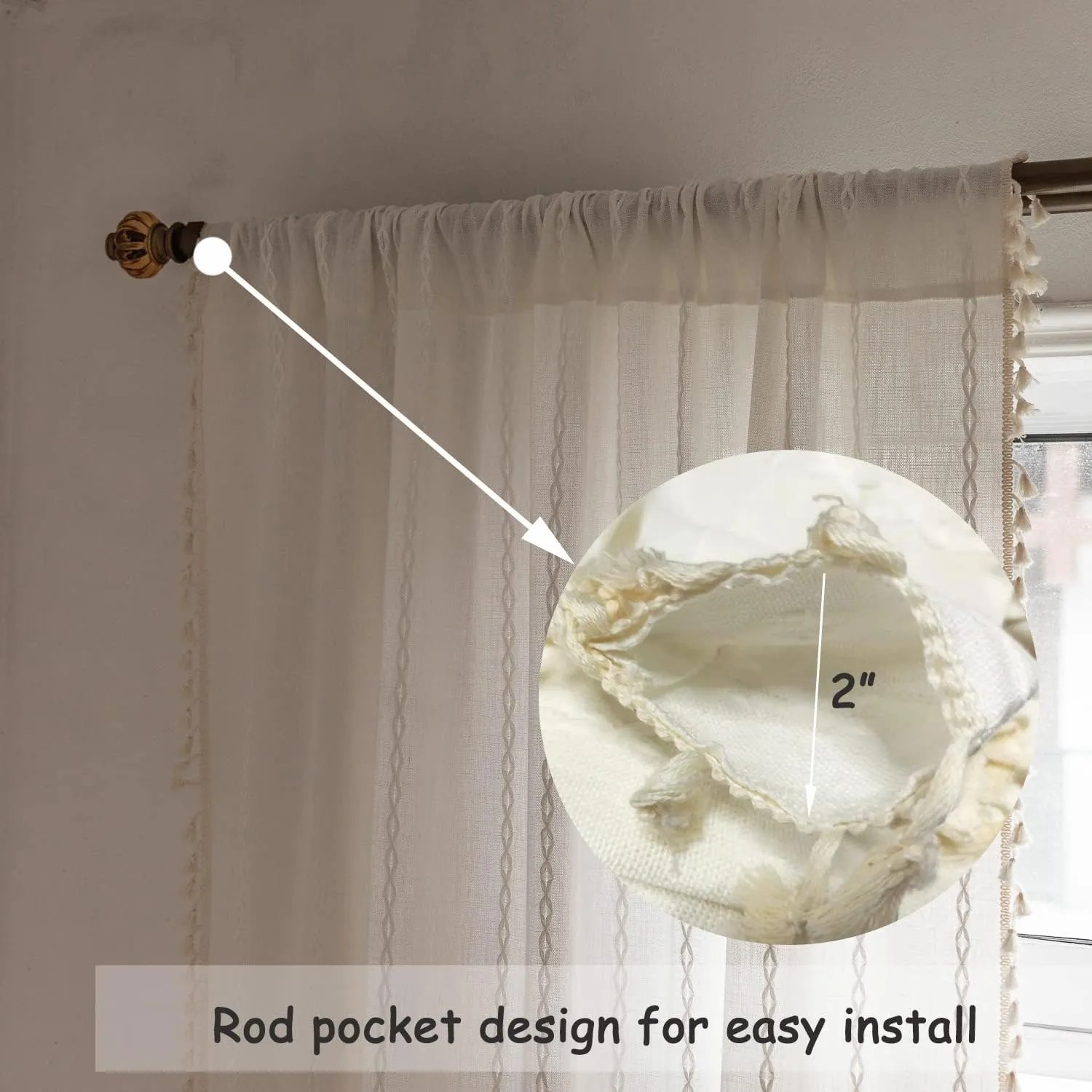 Boho Curtains Semi-Blackout 84 Inch 2 Panels for Living Room, Linen Tassels Farmhouse Curtains with Embroidery for Bedroom Rod Pocket Draperies 52" W x 84" L, Off White