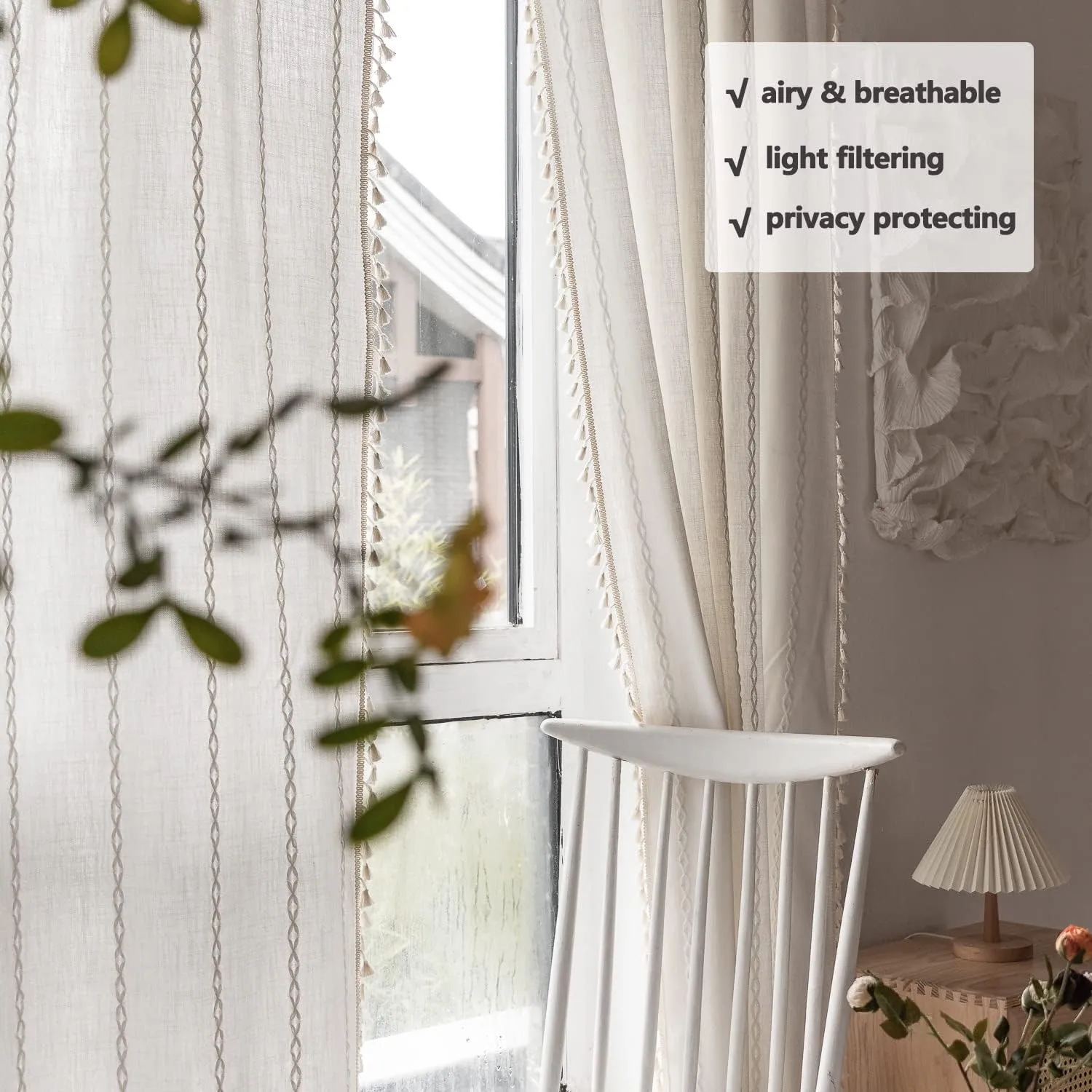 Boho Curtains Semi-Blackout 84 Inch 2 Panels for Living Room, Linen Tassels Farmhouse Curtains with Embroidery for Bedroom Rod Pocket Draperies 52" W x 84" L, Off White