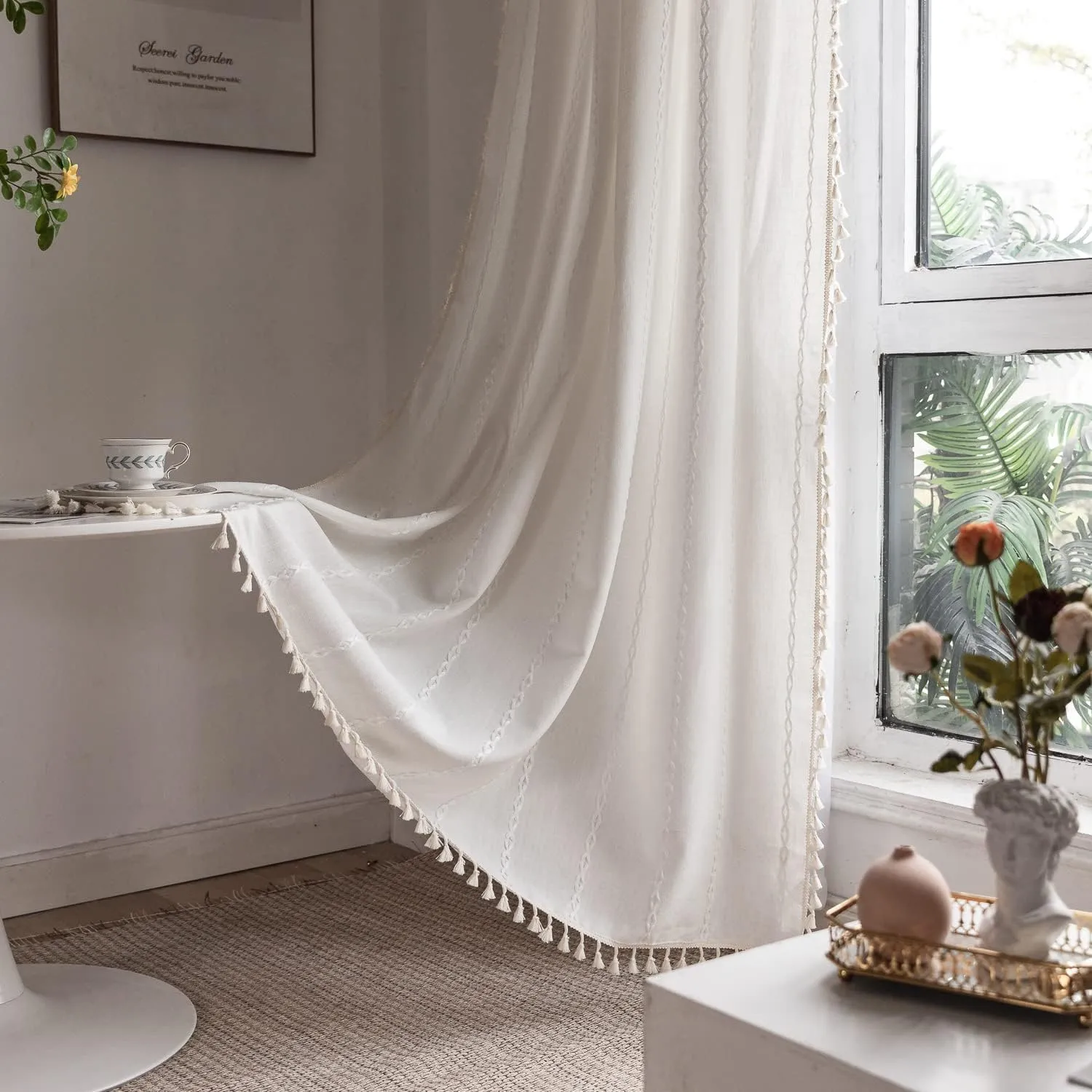 Boho Curtains Semi-Blackout 84 Inch 2 Panels for Living Room, Linen Tassels Farmhouse Curtains with Embroidery for Bedroom Rod Pocket Draperies 52" W x 84" L, Off White