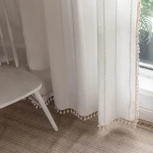 Boho Curtains Semi-Blackout 84 Inch 2 Panels for Living Room, Linen Tassels Farmhouse Curtains with Embroidery for Bedroom Rod Pocket Draperies 52" W x 84" L, Off White