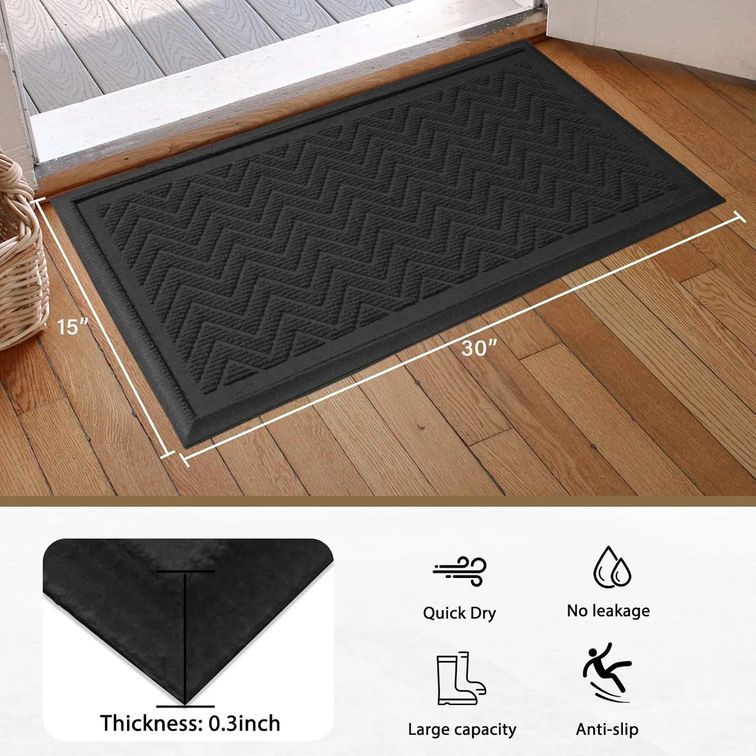 Boot Tray, Waterproof Shoe Mat Tray for Entryway, Non-Slip Shoe Drying Mat, Heavy Duty for Muddy Boots, Indoor/Outdoor Use, 15x30 inches, Black