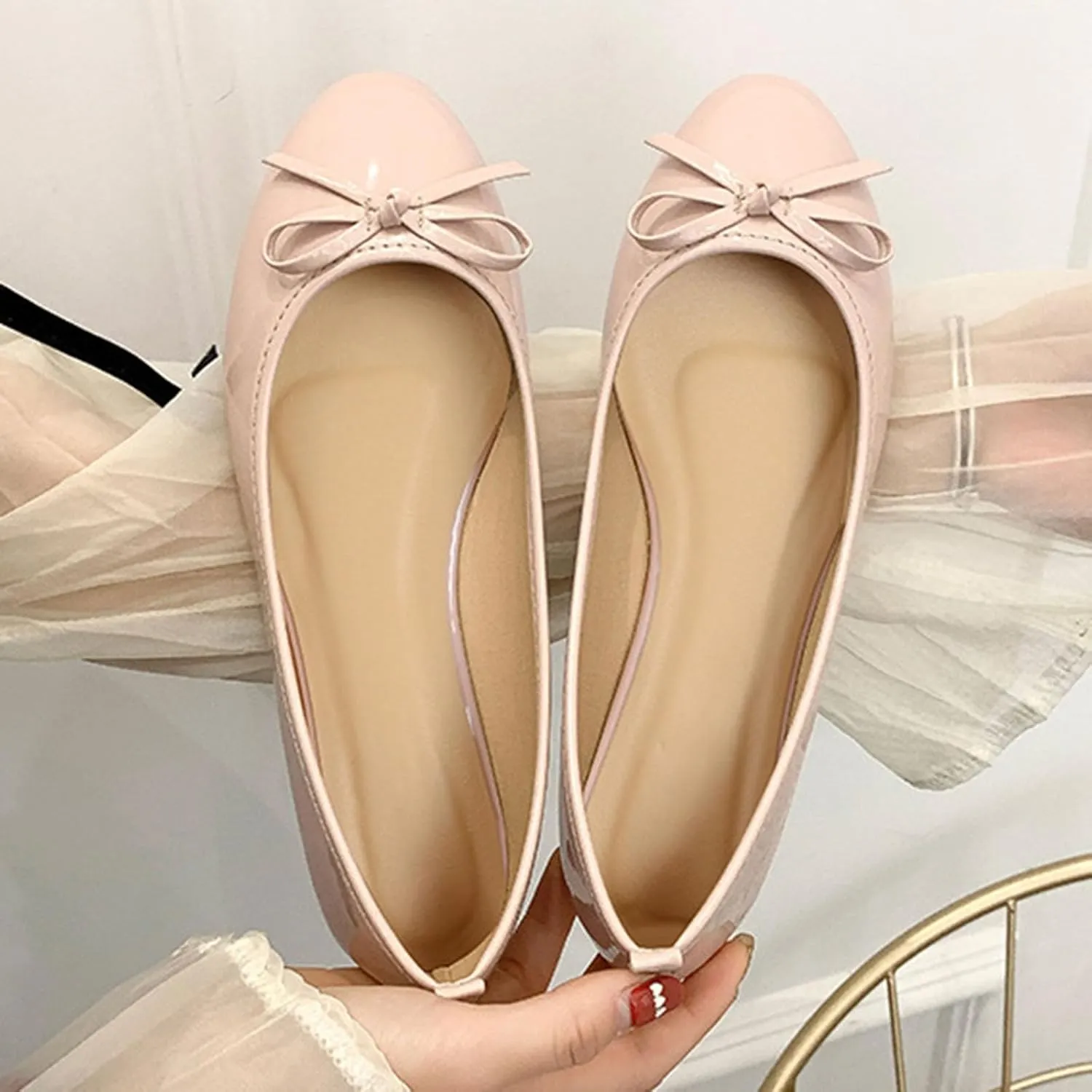 Bowknot Ballet Flats Womens Round Head Casual Flat Shoes Smooth Leather Dress Shoes Wear to Work Easy Slip On Shoe
