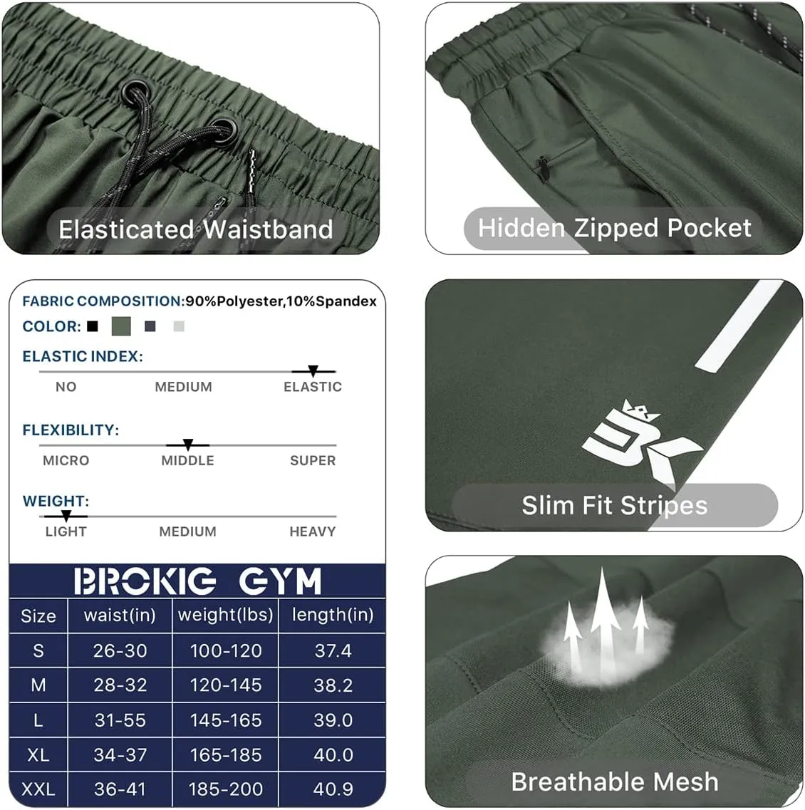 BROKIG Men's Lightweight Athletic Gym Jogger Pants, Stretch Quick Dry Workout Running Sweat Pants with Zipper Pockets