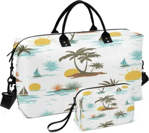 Burbuja Travel Duffel Bag for Women, Coconut Trees Sailboat Weekender Overnight Bag Shoulder Carry On Tote Bag with Trolley Sleeve, Gym Bag with Toiletry Bag