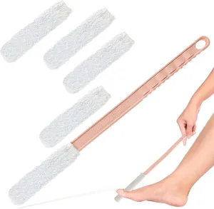 Burlingham's Toe and Foot Towel Brush with Reusable Drying Covers Long 17” Handle for Cleaning Between Toes, Soft Skin Exfoliation,for Seniors, Adults, or Kids, 5 Washable Cloth (Pink)