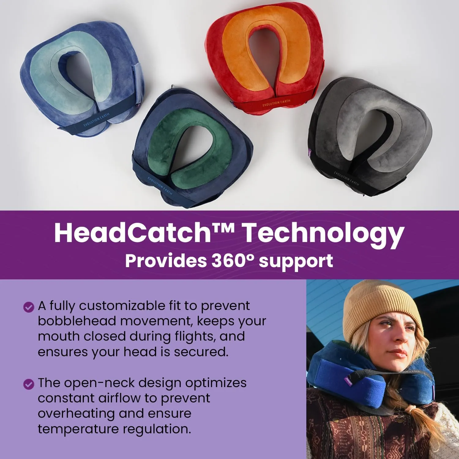 Cabeau Best Neck Pillow for Travel – Evolution Earth – 360° Head, Neck and Chin Support for Sleeping – Sustainable Memory Foam (Fire)