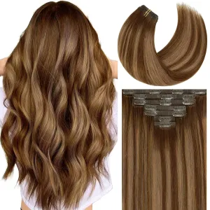 Caliee Brown Clip in Hair Extensions Real Human Hair Invisible PU Weft Clip in Hair Extensions R4-4/27 Highlighted Chocolate Brown to Caramel Blonde Natural Remy Human Hair Extensions 18Inch 7Pcs 110G
