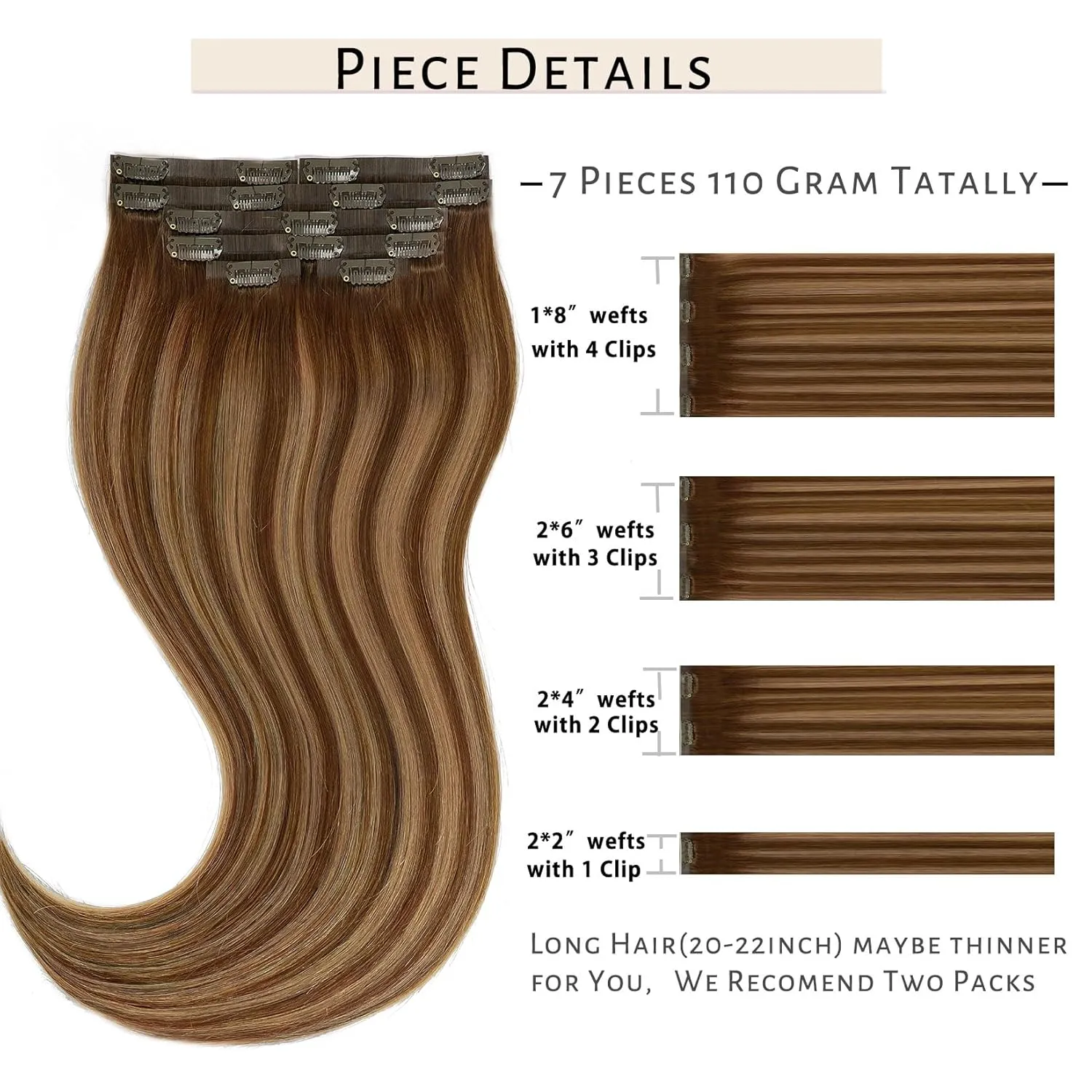 Caliee Brown Clip in Hair Extensions Real Human Hair Invisible PU Weft Clip in Hair Extensions R4-4/27 Highlighted Chocolate Brown to Caramel Blonde Natural Remy Human Hair Extensions 18Inch 7Pcs 110G