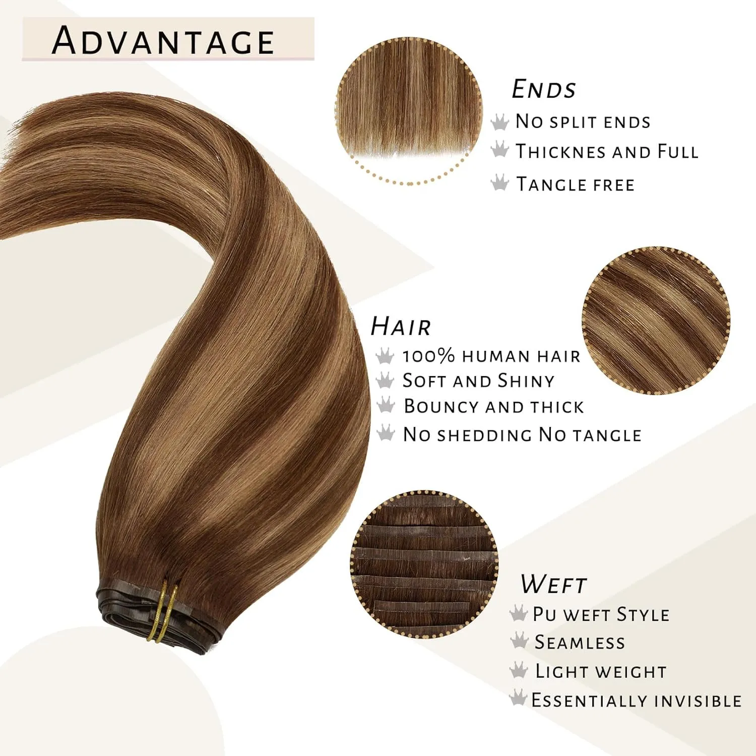 Caliee Brown Clip in Hair Extensions Real Human Hair Invisible PU Weft Clip in Hair Extensions R4-4/27 Highlighted Chocolate Brown to Caramel Blonde Natural Remy Human Hair Extensions 18Inch 7Pcs 110G