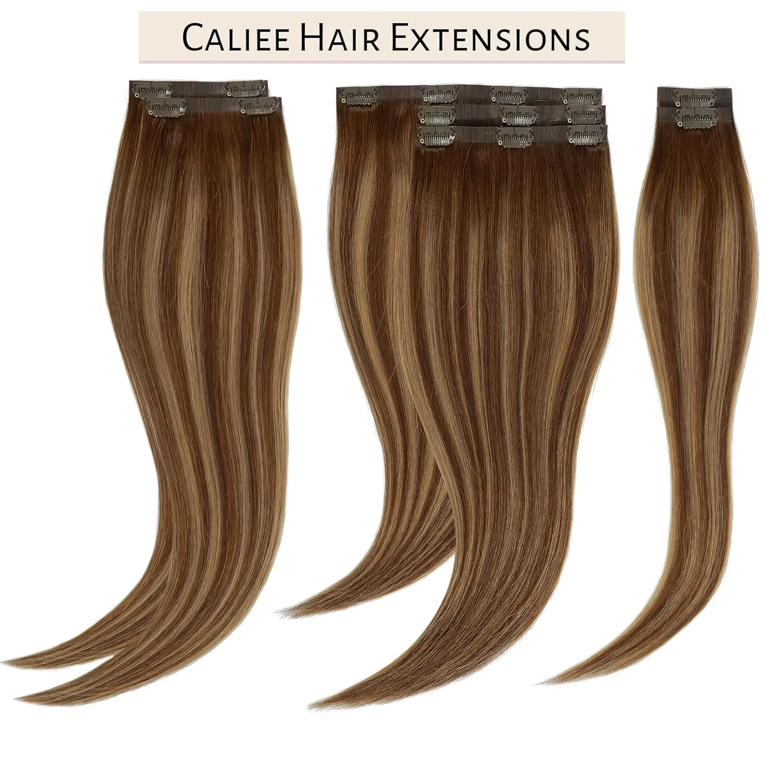 Caliee Brown Clip in Hair Extensions Real Human Hair Invisible PU Weft Clip in Hair Extensions R4-4/27 Highlighted Chocolate Brown to Caramel Blonde Natural Remy Human Hair Extensions 18Inch 7Pcs 110G