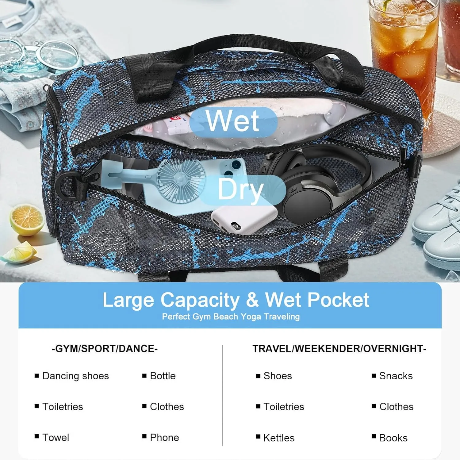CAMTOP Duffle Bag for Travel Kids Small Overnight Weekender Sleepover Mesh bag Carry On Dance Sport Bag with Shoe Compartment & Wet pocket for Swim Beach Camp Travel (Graffiti Blue)