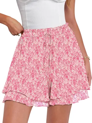 Caracilia Skorts for Women Boho Casual Beach Mini Skirts Summer Floral Ruffle Chiffon Flowy Shorts 2025 Trendy Outfits