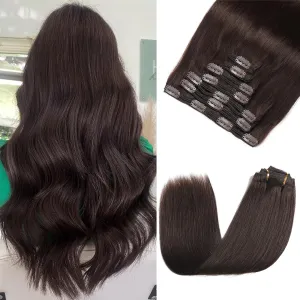 Clip in Hair Extensions Real Human Hair - 150g 18 Inch 7pcs, Dark Brown Color - Soft Human Hair Clip in Extensions Straight Double Weft for Women (#2 18 Inch)