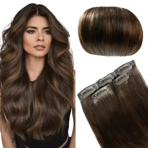 Clip in Hair Extensions Remy Hair with Invisible Pu Weft Balayage Dark Brown to Chestnut Brown Seamless Real Human Hair 14Inch 30g 5pcs Natural Long Straight Hair Extensions for Women