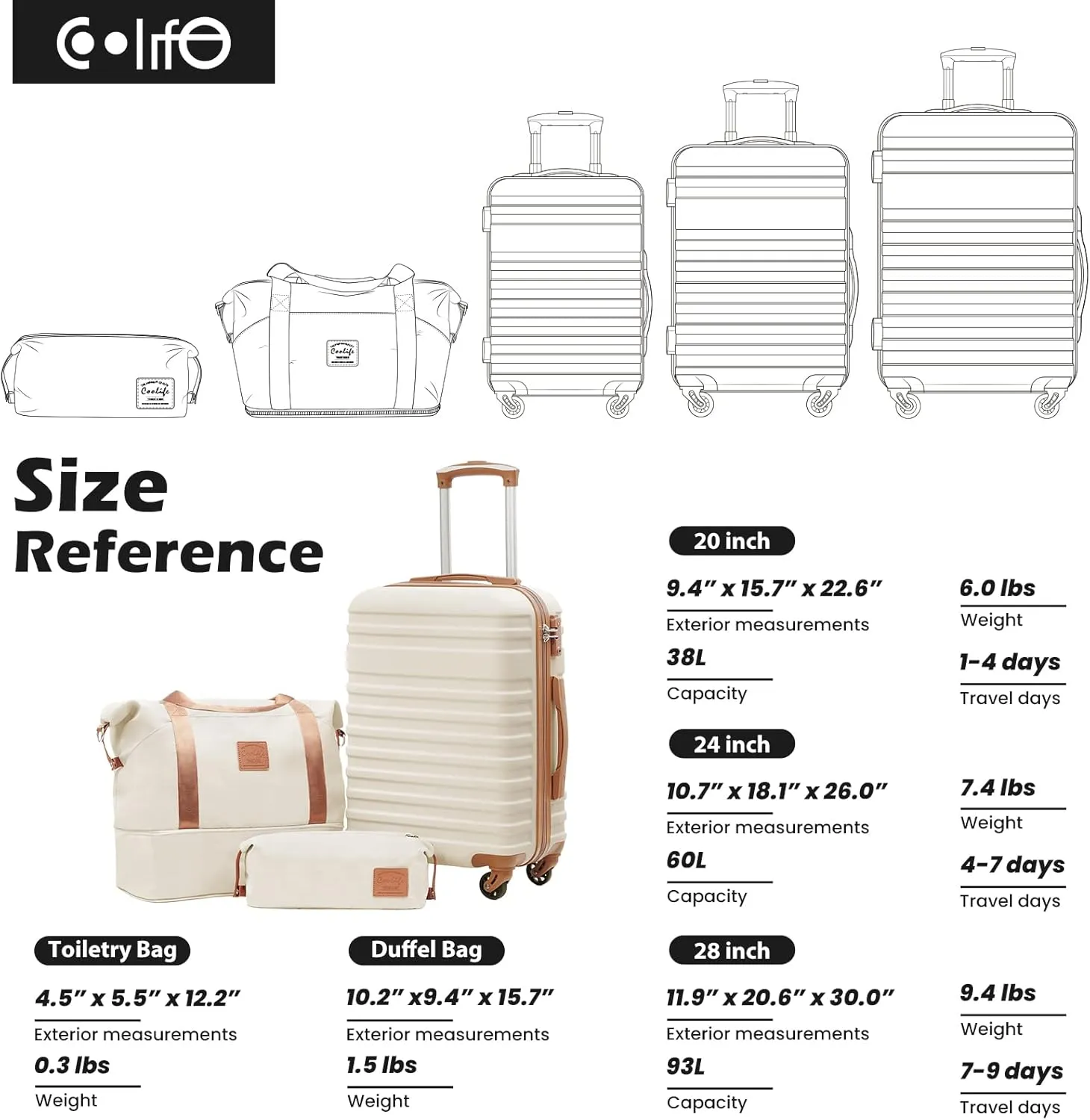 Coolife Suitcase Set 3 Piece Carry On Hardside Luggage with TSA Lock Spinner Wheels (White, S(20in))
