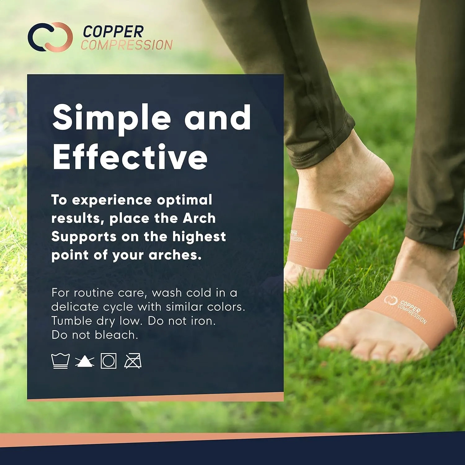 Copper Compression Arch Support - 2 Pain Relief Foot Care Brace Sleeves for Plantar Fasciitis, Heel Spurs - Wide & Narrow Feet - Flat Feet & Fallen Arches, High Arch - One Size - 1 Pair - Nude