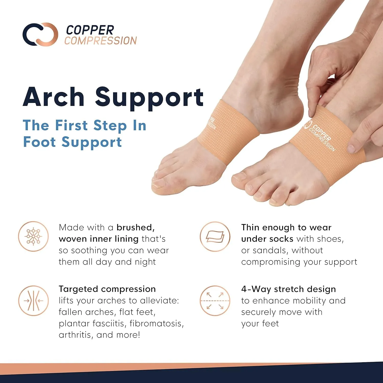 Copper Compression Arch Support - 2 Pain Relief Foot Care Brace Sleeves for Plantar Fasciitis, Heel Spurs - Wide & Narrow Feet - Flat Feet & Fallen Arches, High Arch - One Size - 1 Pair - Nude
