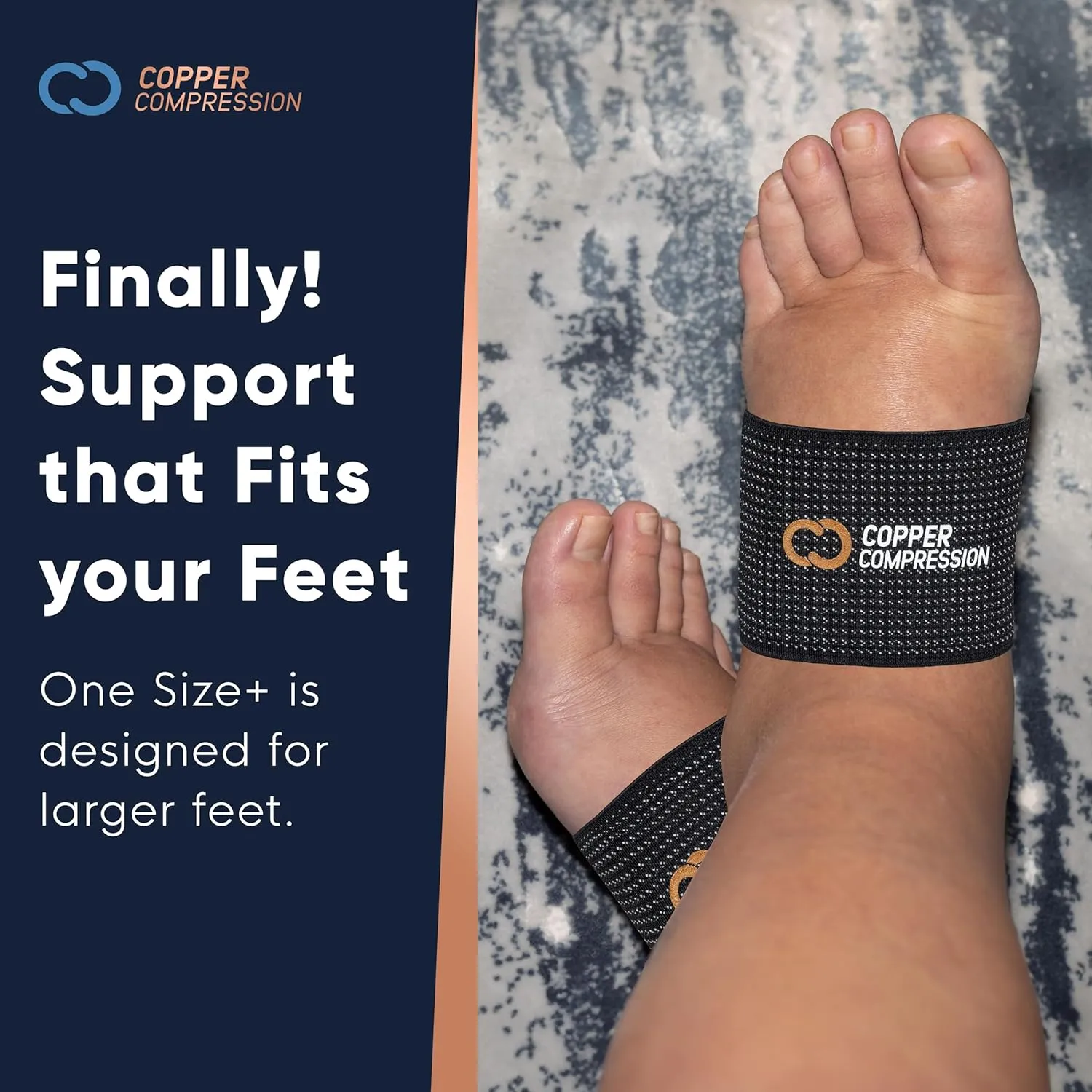 Copper Compression Copper Large Size Arch Support - 2 Pain Relief Foot Care Brace Sleeves for Plantar Fasciitis, Heel Spurs - Wider, Bigger Feet - Flat & Fallen Arches, High Arch - One Size Plus Black